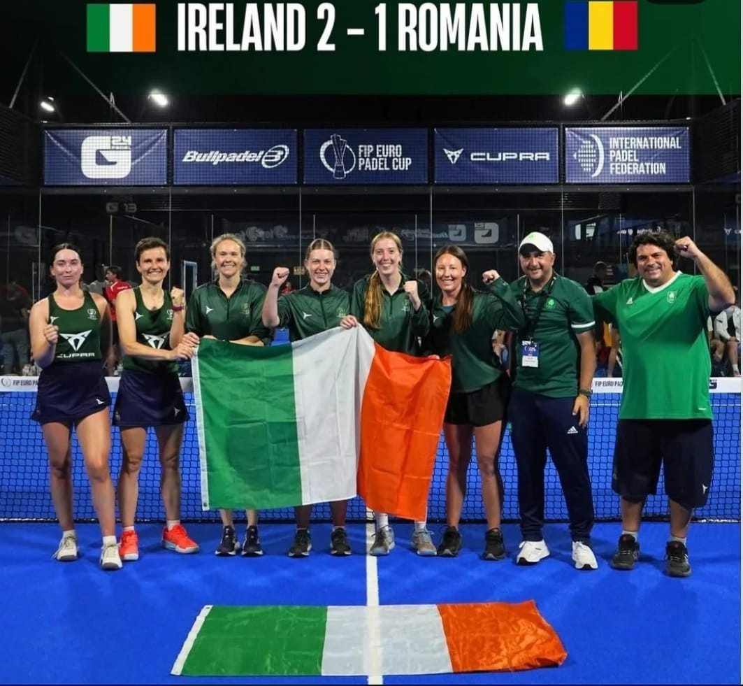 Ireland celebrating a 2-1 win over Romania at the FIP Euro Padel Cup